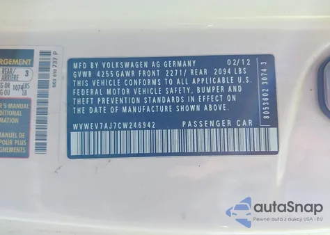 2012 Volkswagen Gti 2-Door из США, поврежденный, VIN WVWEV7AJ7CW246942